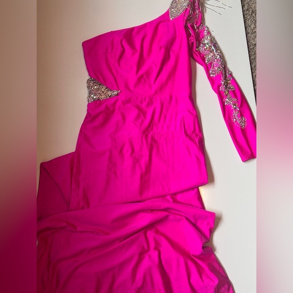 Faviana Pink One-Shoulder Bishop Sleeve Bodycon Dress size 8 (I) - Picture 9 of 10